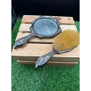 Antique Victorian Repousse Silver Plate Hand Mirror & Hair Brush Set